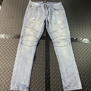 Skinny Straight Jeans Mens 34x34 Light Wash Distressed Moto Biker Denim